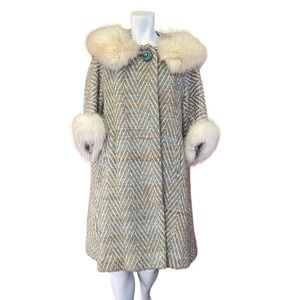 Vintage 50s 60s Blue Brown Cream Tweed Fur Trimmed Coat A-line Knee Length M/L